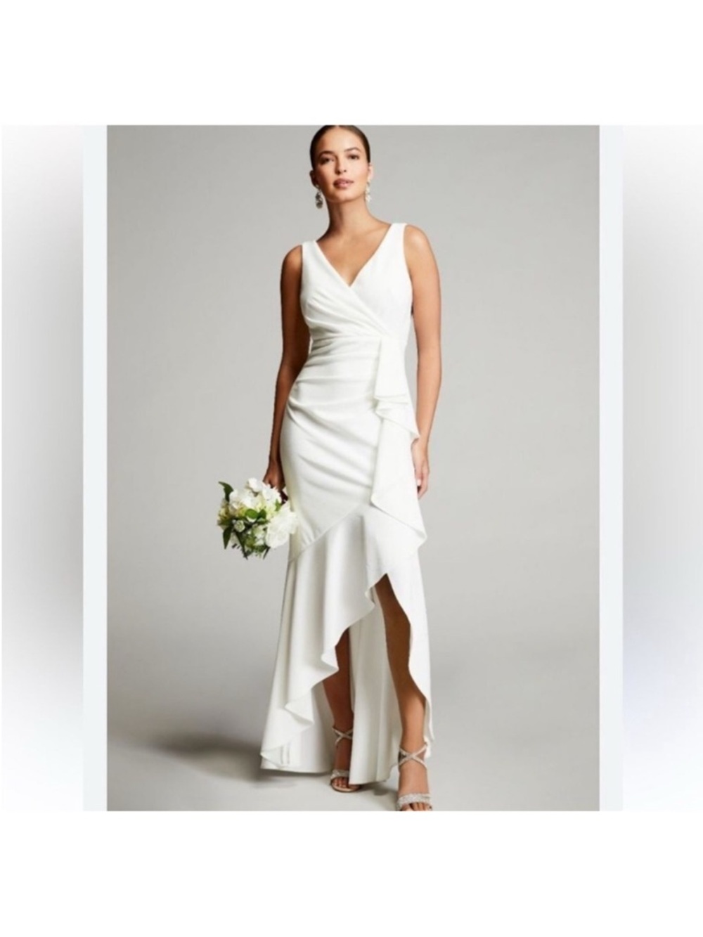 Betsy & Adam White Wrap Ruffle Evening Gown Mermaid SZ 4 NWT Bridal GALA Formal